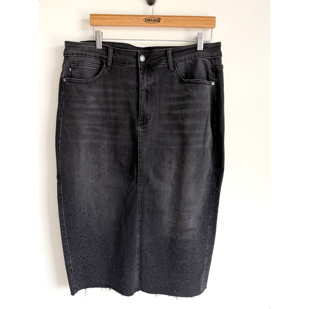 Judy Blue Womens Rhinestone Hem Denim Skirt 3XL Black Midi Textured Y2K